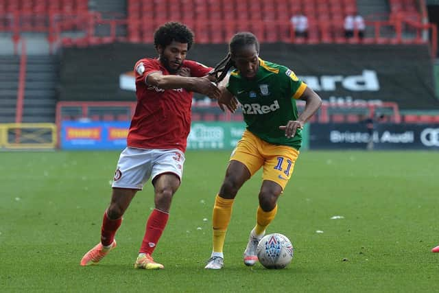 Daniel Johnson on the attack for Preston against Bristol City at Ashton Gate