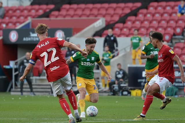 Preston striker Sean Maguire closes in on goal in the second half at Bristol City