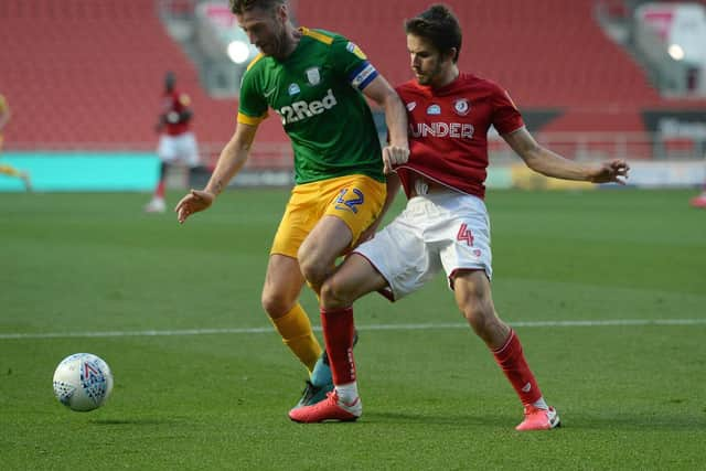 PNE skipper Paul Gallagher shields the ball from Bristol City midfielder Adam Nagy