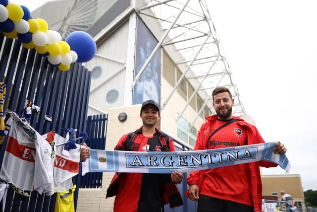 Argentinian fans Ignacio and Fernando (right) outside the ground before the match at Elland Road, Leeds.