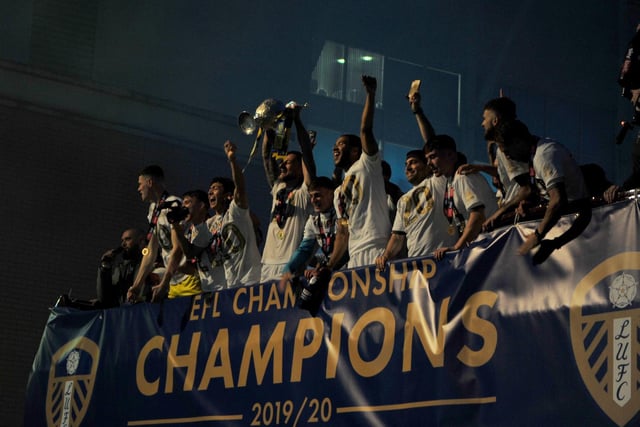 Leeds United players celebrated on top of an open top bus at the end of the night.