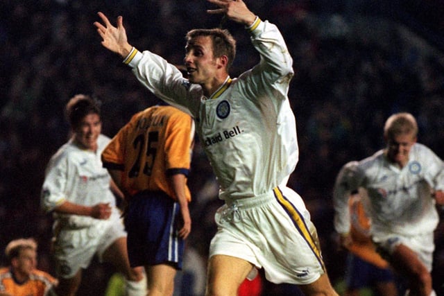 Lee Bowyer celebrates his last gasp goal against Derby County at Elland Road as the Whites came back from 3-0 down to win 4-3.