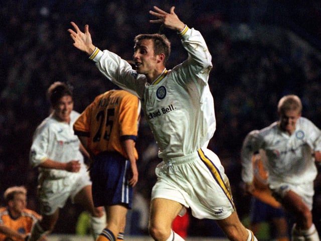 Lee Bowyer celebrates his last gasp goal against Derby County at Elland Road as the Whites came back from 3-0 down to win 4-3.