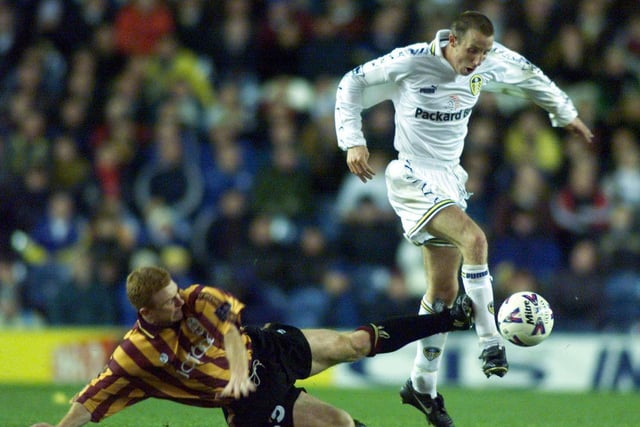 Lee Bowyer skips over a challenge during the Worthington Cup clash against Bradford City at Elland Road. A Harry Kewell goal won it for Leeds.