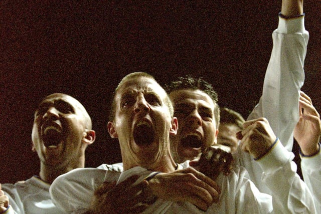 Lee Bowyer celebrates scoring against Barcelona in the Champions League at Elland Road. The game finished 1-1 after a stoppage time equaliser from Rivaldo.