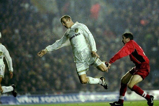 Lee Bowyer heads home during the UEFA Cup second round first leg against Lokomotiv Moscow at Elland Road. Leeds won 4-1.