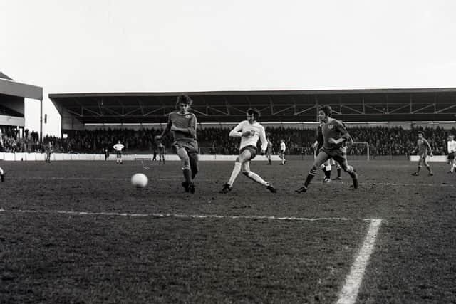 Penalty box action during PNE's 4-0 win over Portsmouth in March 1972