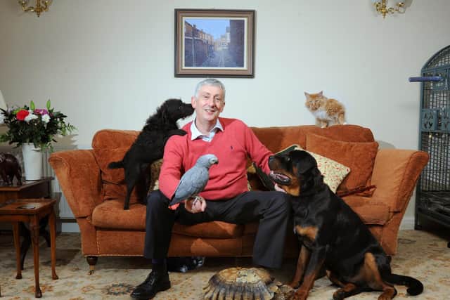 Chorley MP Sir Lindsay Hoyle with his array of animals, all named after politicians including Dennis and Patrick the cats, Gordon and Betty the dogs, parrot Boris, and tortoise Maggie