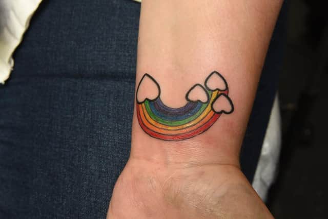 The rainbow and hearts tattoo completed at Studio 81 in Preston