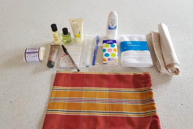 The comfort bags contain small toiletries and care items.
