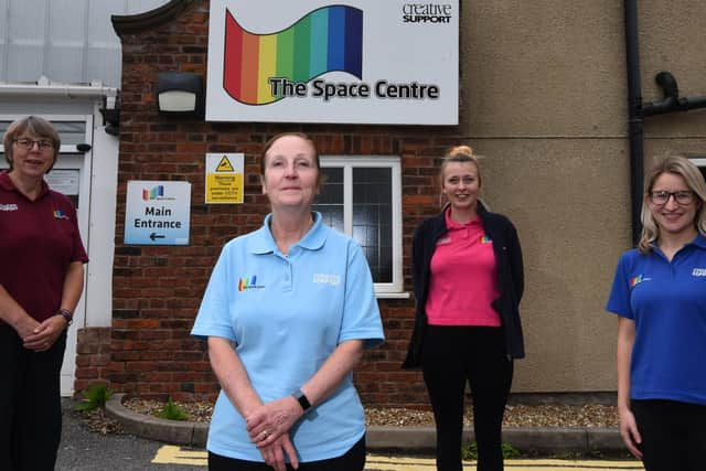 Pictured outside the Centre (from left): Sue Moss, Sandy Cookson, Phillipa Astley and Laurie Deacon