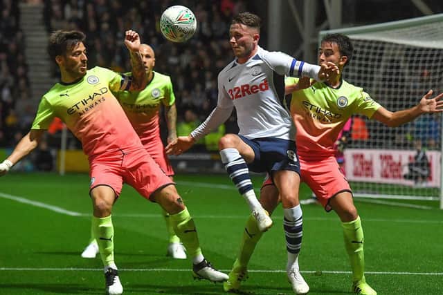 Alan Browne in action for PNE against Manchester City in the Carabao Cup at Deepdale