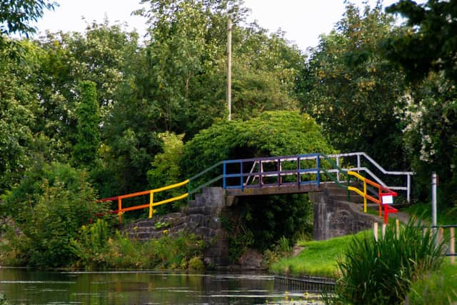 The rainbow bridge crosses the Lancaster Canal at Ashton Basin in Preston