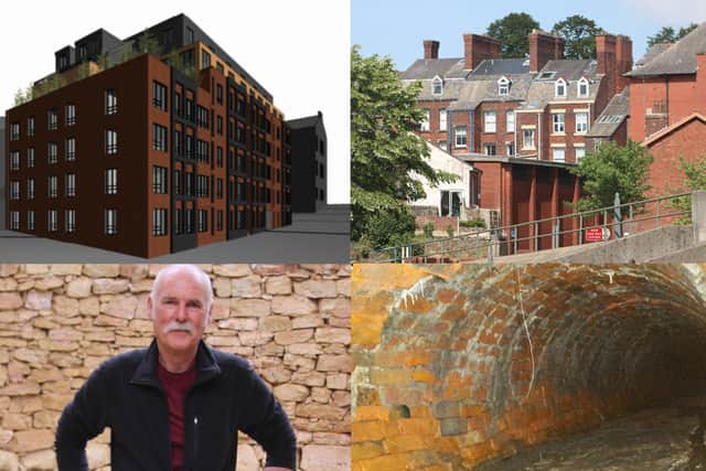 Steve Harrison is worried about the impact of the new apartment block (top left) on the view up Garden Street (top right) and a Georgian culvert in the Winckley Square area (bottom right) [images: 1618 Architects (top left) and Steve Harrison (all others)]