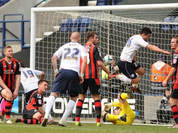 Bailey Wright scores for Preston North End against AFC Bournemouth at Deepdale in February 2013