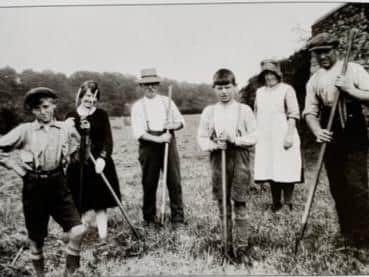 Haymaking, Pickle meadow, Bridge House Farm, Wray, circa 1920. This field is now the car park for Bridge House Farm tearooms. From left: Bill or Harry Stephenson, Agnes Clarkson, Moorby Stephenson, John Clarkson, Maud Stephenson and Tot Stephenson. Maud Stephenson was the last local farmer to deliver milk in cans to Wray village before milk bottles became universal.