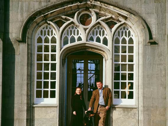 Lucy Arthurs and husband Danny outside Leighton Hall
