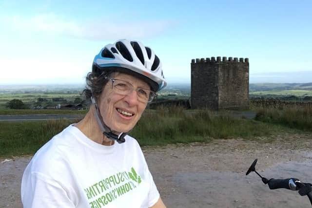 Sue Brown at Jubilee Tower on one of her trike rides.