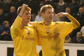 Neil Mellor and Paul Gallagher celebrate Mellor's goal in Preston North End's victory over Burnley at Turf Moor in December 2007