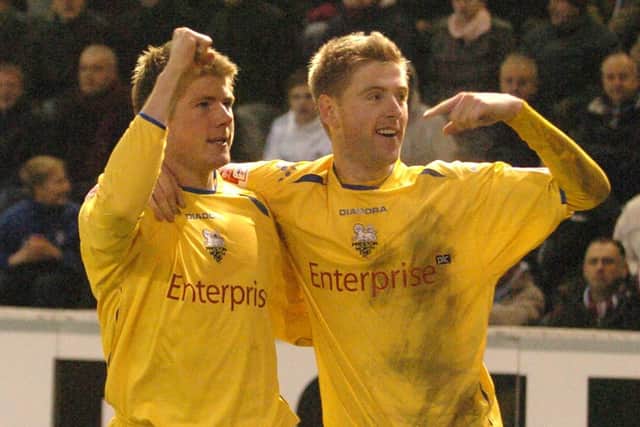 Neil Mellor and Paul Gallagher celebrate Mellor's goal in Preston North End's victory over Burnley at Turf Moor in December 2007