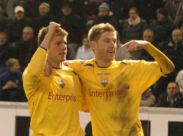 Neil Mellor and Paul Gallagher celebrate Mellor's goal in Preston North End's victory over Burnley at Turf Moor in December 2007