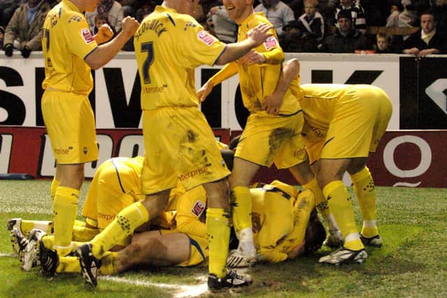PNE players celebrate Neil Mellor's goal at Burnley in December 2007