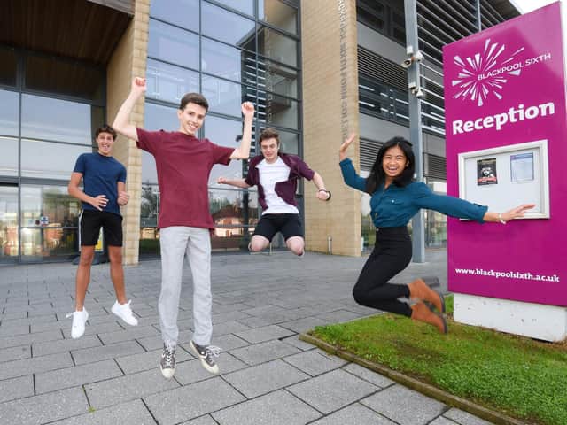A Level results day at Blackpool Sixth Form.  Pictured are Joe Clueit, Sam Arrowsmith, Luke Skelton and Camille Demegillo