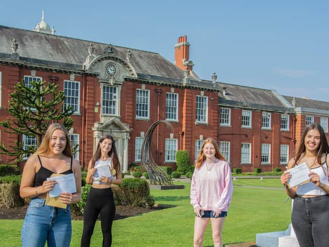 Social distance celebrations at AKS for Sally Stone, Head Girl, Chemistry,Universityof Edinburgh; Emily Hayden, English Language,University ofManchester; Grace Webster,Veterinary Medicine and Science,University ofSurrey; Imogen Sharpe, Psychology,University ofLiverpool
