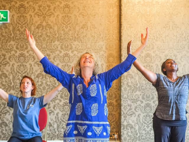 Helen Gould, Mel Brierley and Elisa Macauley, who run the Dance and Parkinson's classes in rehearsal for the dvd and Youtube classes available soon.