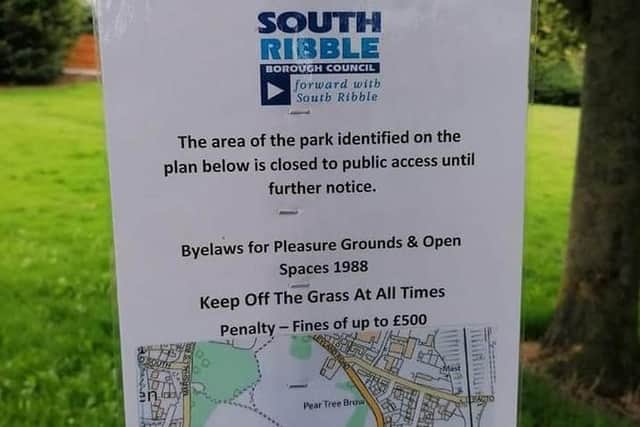 A sign at the entrance of Pear Park, also known as Middleforth Green, off Leyland Road in Penwortham, which has been partially closed to the public