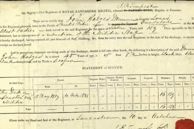 Discharge papers of Royal Lancashire Militia soldier John Hodges