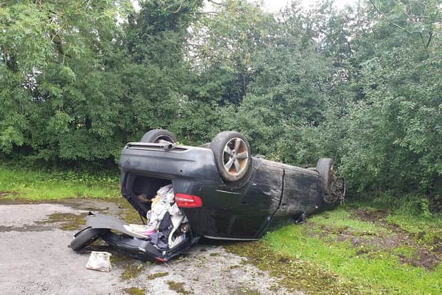The car flipped on a sharp bend near Angels restaurant in Fleet Street Lane near Ribchester yesterday afternoon (August 26). Pic: Lancashire Police