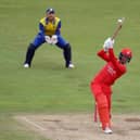 Keaton Jennings hits a six on his way to a first T20 century for Lancashire