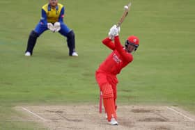 Keaton Jennings hits a six on his way to a first T20 century for Lancashire