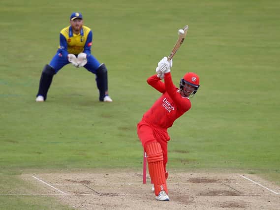 Keaton Jennings hits a six on his way to a first T20 century for Lancashire