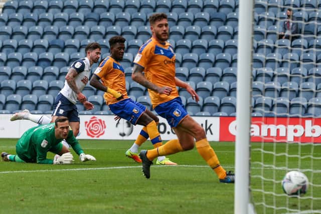 Sean Maguire gets the second goal against Mansfield in the Carabao Cup first-round tie