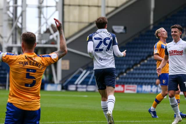 Tom Barkhuizen celebrates opening the scoring at Deepdale.