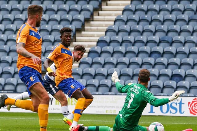 Sean Maguire scores PNE's second goal in the 4-0 win over Mansfield