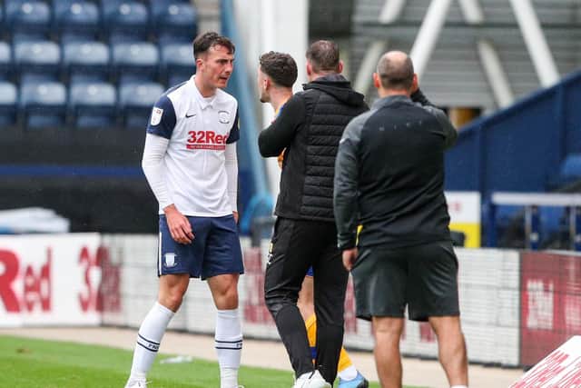 Josh Earl has his say during Preston North End's win over Mansfield at Deepdale