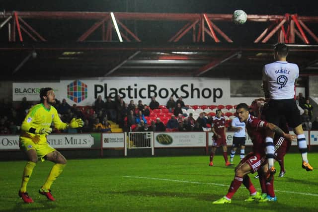 Preston North End's Jordan Hugill scores his side's second goal against Accrington Stanley 
in the Carabao Cup in 2017