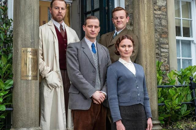 The stars of Channel 5's new version of All Creatures Great and Small. Clockwise from top left: Siegfried Farnon (Samuel West); Tristan Farnon (Callum Woodhouse); Mrs Hall (Anna Madeley) James Herriot (Nicholas Ralph)