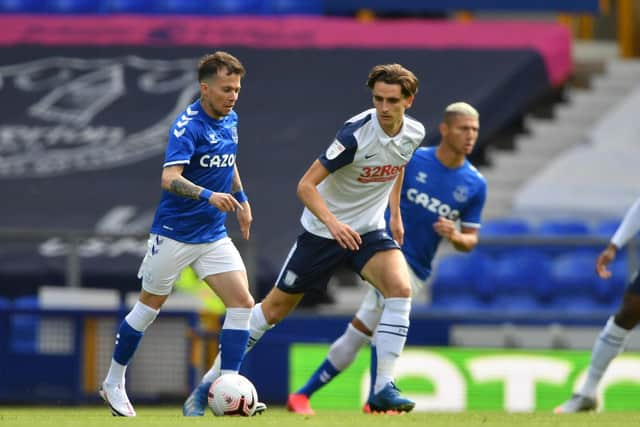 Preston North End midfielder Tom Bayliss tracks Everton's Bernard at Goodison Park  Pic courtesy of PNE