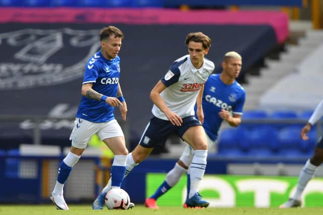 Preston North End midfielder Tom Bayliss tracks Everton's Bernard at Goodison Park Pic courtesy of PNE