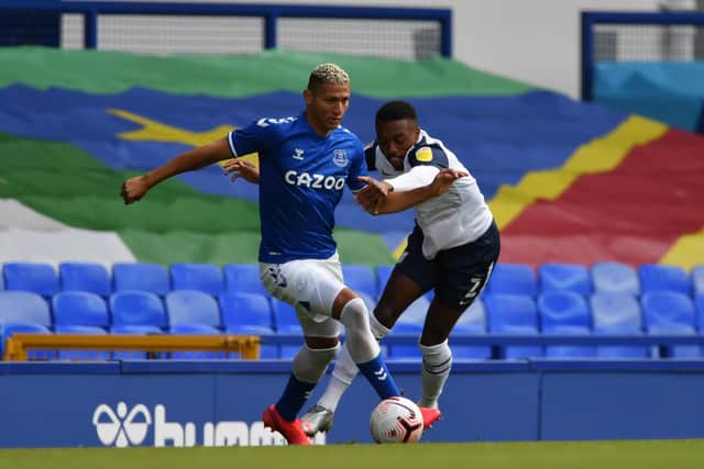 PNE right-back Darnell Fisher in the thick of the action against Everton at Goodison Park   Pic courtesy of PNE
