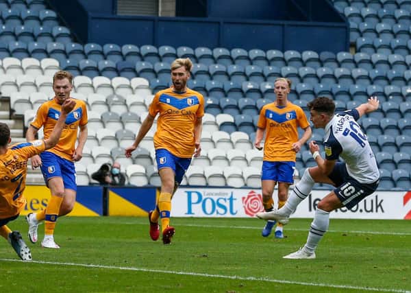 Preston North End's Josh Harrop scores his side's fourth goal against Mansfield in the Carabao Cup