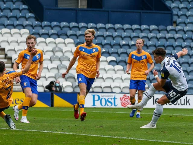 Preston North End's Josh Harrop scores his side's fourth goal against Mansfield in the Carabao Cup