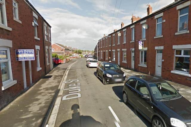 The boy had been walking between Cooperative Street and Duke Street in Bamber Bridge when he was approached by a man on a bike, who was wearing a balaclava and wielding a knife, say police. Pic: Google