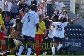 Richard Creswell celebrates scoring for Preston North End against Watford at Deepdale in August 2004