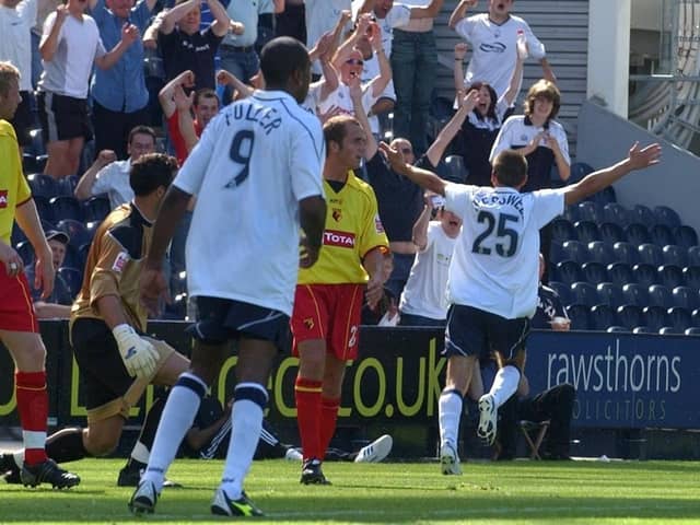 Richard Creswell celebrates scoring for Preston North End against Watford at Deepdale in August 2004
