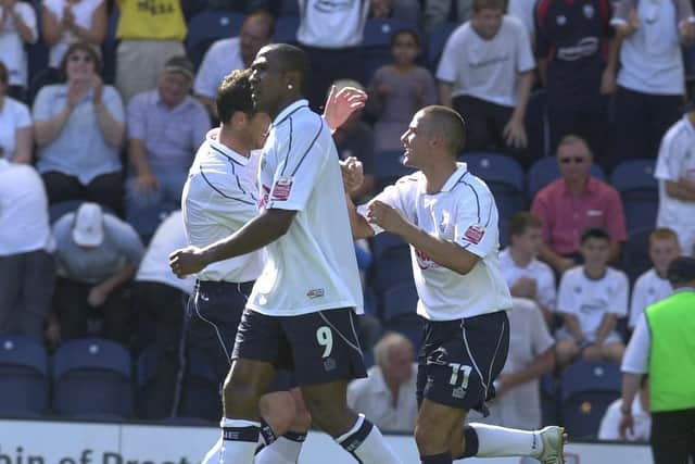 David Healy is congratulated after scoring for PNE from the panlty spot against Watford